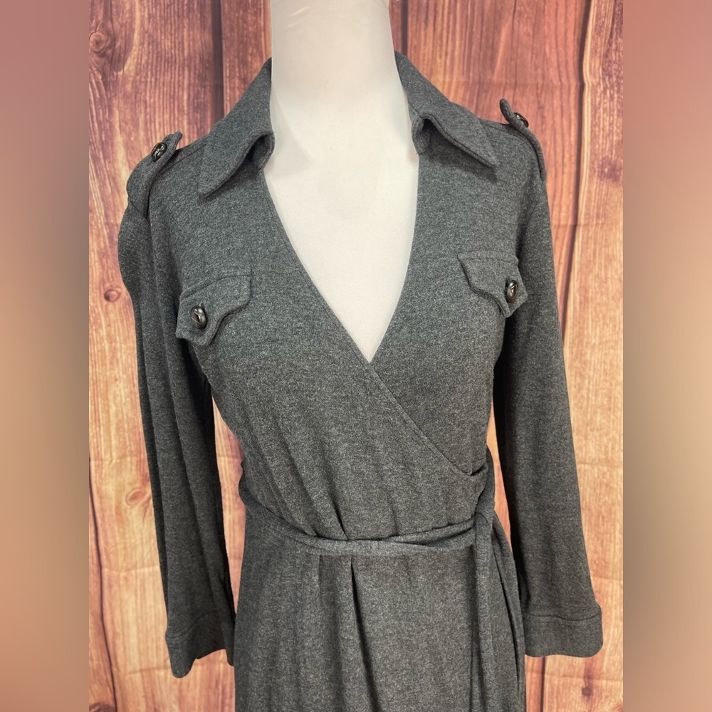 Ann Taylor LOFT military style dark gray faux wrap dress women’s size 0 - Picture 9 of 16
